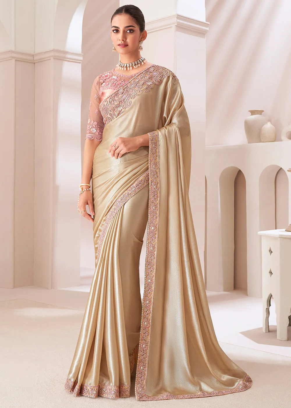Golden brown embroidered satin chiffon saree